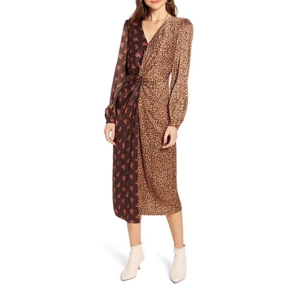 Something Navy Brown Leopard Floral Mixed Print Twist Wrap Dress M